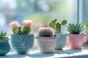 ai gegenereerd cactus en vetplanten in potten Aan de vensterbank. generatief ai foto