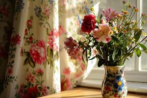 ai gegenereerd bloemen gevormde gordijn en vaas. bloemen in vaas met licht van venster. generatief ai foto