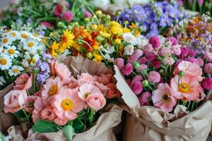 ai gegenereerd vers weelderig boeket van kleurrijk bloemen in ambacht papier. generatief ai foto