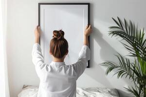 ai gegenereerd vrouw hangende blanco kader Aan licht muur in slaapkamer. generatief ai foto