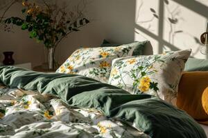 ai gegenereerd slaapkamer met botanisch afdrukken beddengoed in groen en geel tonen. voorjaar concept. generatief ai foto