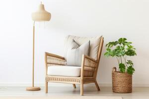 ai gegenereerd rotan fauteuil en verdieping lamp in leven kamer interieur met planten. generatief ai foto