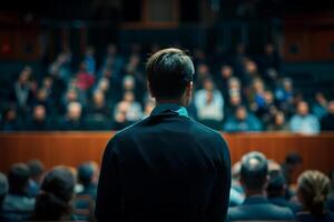 ai gegenereerd spreker geven een praten in conferentie hal Bij bedrijf evenement. spreker Bij bedrijf conferentie en presentatie. generatief ai foto