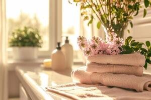 ai gegenereerd badkamer met delicaat bloemen en handdoeken Aan zonnig achtergrond. generatief ai foto