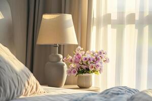 ai gegenereerd nachtkastje tafel met lamp en bloemen in de slaapkamer. generatief ai foto