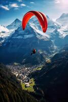 ai gegenereerd paragliden over- Zwitsers alpine dorp van wengen, Zwitserland, ai gegenereerd foto