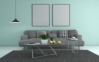 3D-gerenderd van interieur moderne woonkamer met bank - bank en tafel realistische mockup foto