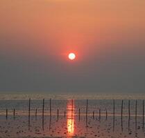 verticaal voorkant gezichtspunt landschap reizen zomer zee wind Golf koel vakantie kalmte kust- groot zonsondergang lucht licht oranje gouden natuur tropisch mooi avond dag Bij poep, samut prakan Thailand foto