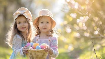 ai gegenereerd twee blij kinderen verzamelen kleurrijk Pasen eieren in de mand in de tuin Aan een zonnig dag. foto