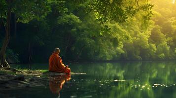 ai gegenereerd boeddhistisch monnik in meditatie naast een meer in de oerwoud foto