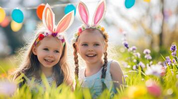 ai gegenereerd twee meisjes in konijn oren gaan naar jacht Pasen eieren in tuin. foto