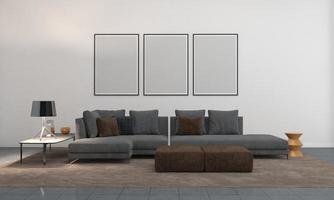 3D-gerenderde interieur moderne woonkamer frame met bank - bank en tafel foto