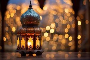 een Islamitisch lamp of Arabisch lantaarn versierd met een verlicht kaars in een feestelijk uitnodiging kaart voor de heilig maand van Ramadan foto