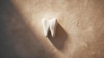 ai gegenereerd menselijk tand tegen steen beige achtergrond met schaduw gips door sterk licht foto