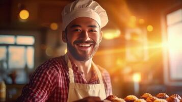 ai gegenereerd vrolijk mannetje bakker portret trots weergeven zijn heerlijk taarten, zonlicht achtergrond foto