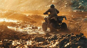 ai gegenereerd racing quad fiets Aan de zand in de stralen van de instelling zon foto