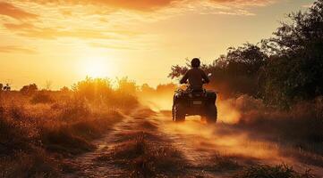 ai gegenereerd racing quad fiets Aan de zand in de stralen van de instelling zon foto