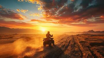 ai gegenereerd racing quad fiets Aan de zand in de stralen van de instelling zon foto