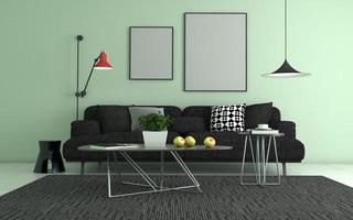 3D-gerenderd van interieur moderne woonkamer met bank - bank en tafel realistische mockup foto