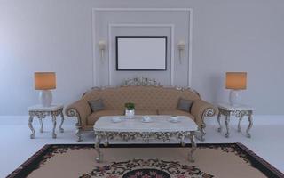 luxe mockup van 3D-weergave van interieur van moderne woonkamer met bank - bank en tafel