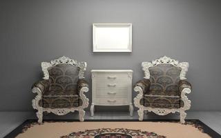 luxe mockup van 3D-weergave van interieur van moderne woonkamer met bank - bank en tafel foto