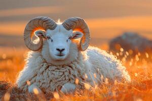 ai gegenereerd schapen in de weide Bij zonsondergang. mooi natuur achtergrond. foto