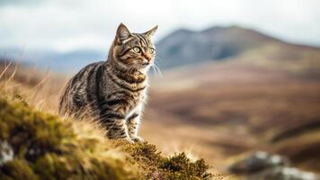 ai gegenereerd een mooi Schots wilde kat staand Aan de top van een berg. foto