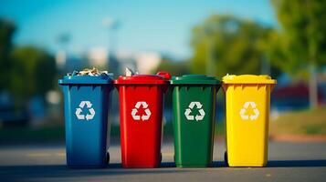 ai gegenereerd geel, groen en rood uitschot blikjes met recycling symbool. de concept van natuur behoud en scheiden verspilling verzameling foto