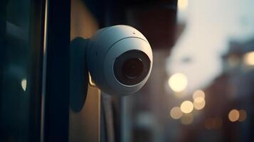 ai gegenereerd detailopname van een cctv camera. constant bijhouden mensen of sociaal veiligheid concept foto