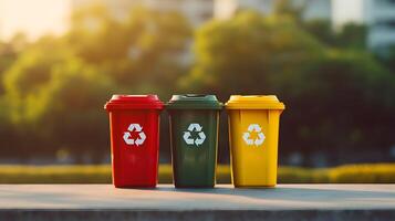 ai gegenereerd geel, groen en rood uitschot blikjes met recycling symbool. de concept van natuur behoud en scheiden verspilling verzameling foto