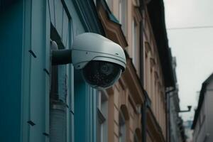 ai gegenereerd detailopname van een cctv camera. constant bijhouden mensen of sociaal veiligheid concept foto