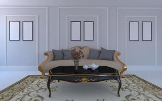 luxe mockup van 3D-weergave van interieur van moderne woonkamer met bank - bank en tafel foto