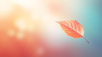 ai gegenereerd single herfst blad voorzichtig vallen tegen levendig kleurrijk minimalistisch achtergrond, kopiëren ruimte foto