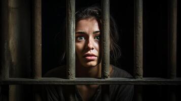 ai gegenereerd bedroefd vrouw gevangene verdrietig achter bars wanhopig vragen naar vrijgelaten van hechtenis foto