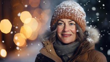 ai gegenereerd avond portret van vrolijk midden- oud vrouw Aan winter straat verlichte door levendig nacht lichten foto