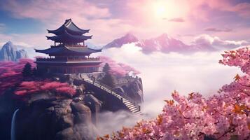 ai gegenereerd verbijsterend berg visie van Aziatisch tempel temidden van de nevel en bloeiend sakura bomen in nevelig nevel foto