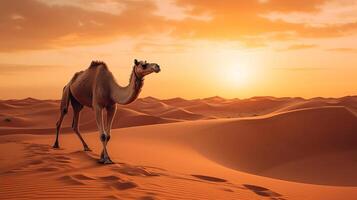 ai gegenereerd eenzaam kameel staat van verschroeiend warmte zanderig woestijn horloges Bij instelling zon, kameel symboliseert worstelen foto