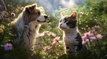 ai gegenereerd vertederend kat en schattig hond in groen tuin tussen dik gras en bloemen, genieten in warmte foto