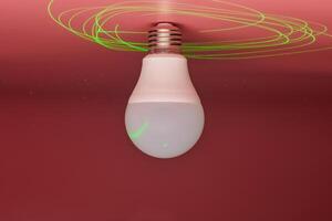 licht lamp en groen laser straal in de omgeving van, energie besparing. minimaal idee concept. foto