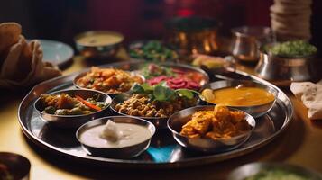 ai gegenereerd verbijsterend heerlijk Indisch thali schotel symfonie van specerijen en smaken, thali genaden cafe tafel foto