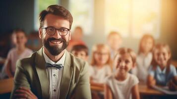 ai gegenereerd knap glimlachen Mens leraar in kinderen klasse straalt uit positiviteit foto