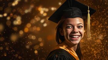 ai gegenereerd gelukkig jong vrouw vervelend diploma uitreiking pet en gewaad, glimlachen jong meisje balken met geluk foto
