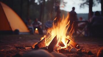 ai gegenereerd warm knus kampvuur vlammen dans in schemer met tent camping achtergrond uitnodigend atmosfeer voor camping foto