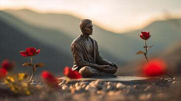 ai gegenereerd bronzen beeldje van mediteren mannetje yogi tussen rood bloemen tegen adembenemend berg landschap foto