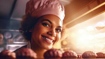 ai gegenereerd vrolijk zwart vrouw bakker portret trots weergeven haar heerlijk taarten, zonlicht achtergrond foto