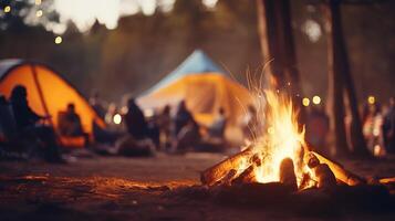 ai gegenereerd warm knus kampvuur vlammen dans in schemer met tent camping achtergrond uitnodigend atmosfeer voor camping foto