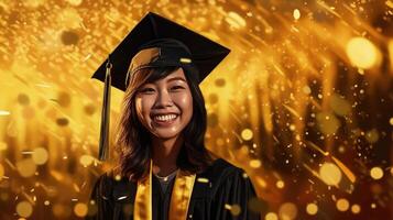 ai gegenereerd gelukkig Aziatisch jong meisje vervelend diploma uitreiking pet en gewaad, glimlachen meisje balken met geluk foto