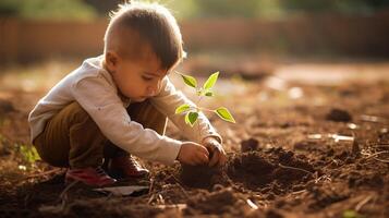 ai gegenereerd weinig jongen voorzichtig planten boom jonge boom in grond van zonlicht tuin creëren hartverwarmend tafereel foto