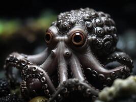 ai gegenereerd dichtbij omhoog van Octopus Aan zwart achtergrond. selectief focus. foto