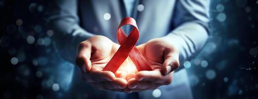 ai gegenereerd wereld AIDS dag achtergrond. handen Holding rood lintje. verworven immuun tekort syndroom, meerdere myeloom kanker bewustzijn maand. gezondheidszorg en wereld kanker dag. foto